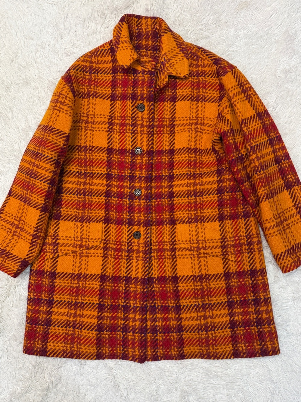 Burberry Orange Red Wool Tartan Plaid Coat